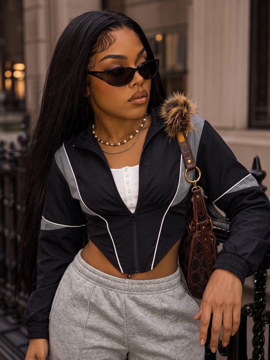 Zolique Colorblock Sporty Cropped Jacket With Waist-Flattering Fit, Stand Collar, Zipper And Asymmetrical Hem