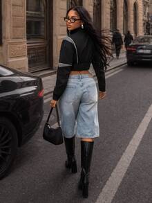 Zolique Colorblock Sporty Cropped Jacket With Waist-Flattering Fit, Stand Collar, Zipper And Asymmetrical Hem - Black - View 4
