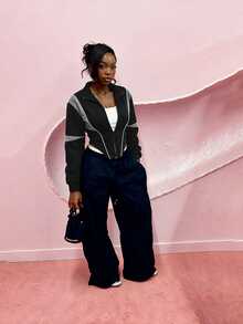 Zolique Colorblock Sporty Cropped Jacket With Waist-Flattering Fit, Stand Collar, Zipper And Asymmetrical Hem - Black - View 5