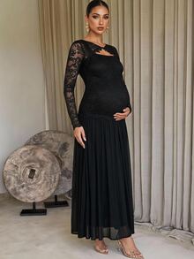 MaterniChic Maternity Contrast Lace Long Sleeve Elegant Party Occasion Dress - Black - View 2