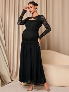 MaterniChic Maternity Contrast Lace Long Sleeve Elegant Party Occasion Dress - Black - View 3