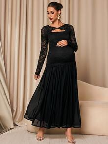 MaterniChic Maternity Contrast Lace Long Sleeve Elegant Party Occasion Dress - Black - View 1