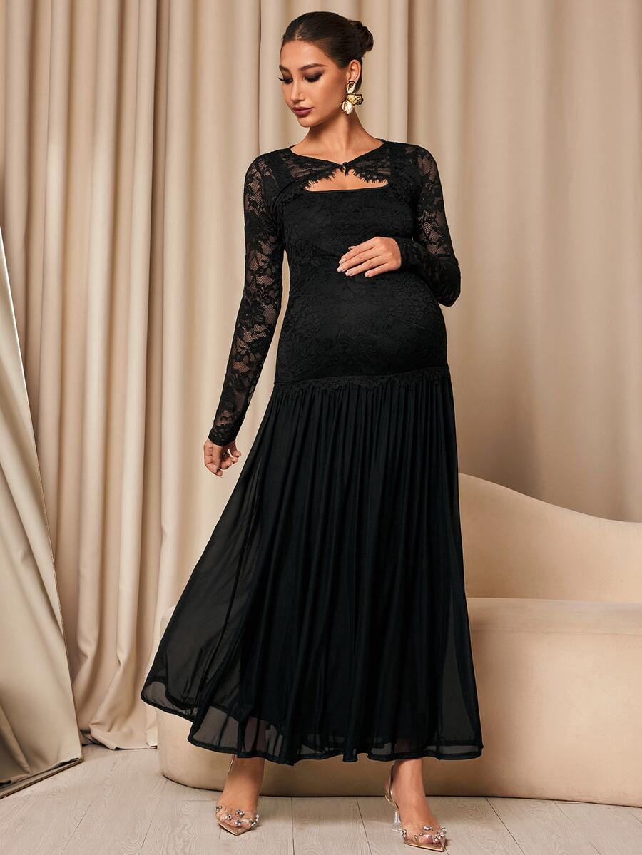 MaterniChic Maternity Contrast Lace Long Sleeve Elegant Party Occasion Dress - Black - View 1