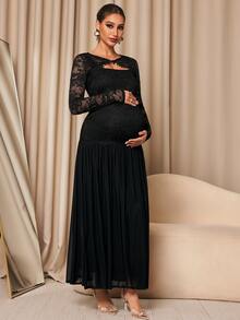MaterniChic Maternity Contrast Lace Long Sleeve Elegant Party Occasion Dress - Black - View 4