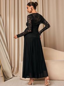 MaterniChic Maternity Contrast Lace Long Sleeve Elegant Party Occasion Dress - Black - View 8
