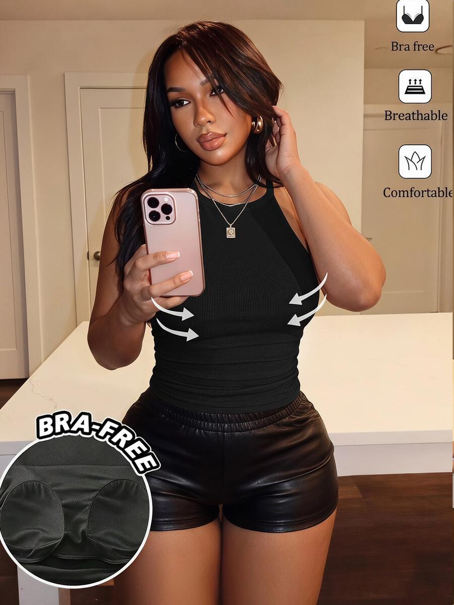 Slaydiva Bra-Free Halter Neck Top, Casual Minimalist Daily Versatile Party Airport Y2K Tops, Summer, Outing - Black - View 1