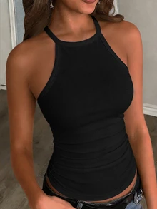 Slaydiva Bra-Free Halter Neck Top, Casual Minimalist Daily Versatile Party Airport Y2K Tops, Summer, Outing - Black - View 7