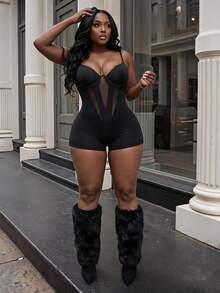 Slaydiva Plus Size Women's Mesh Patchwork Sexy Casual Outing Camisole Romper - Black - View 2