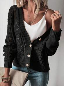 EMERY ROSE Women's Solid Color Long Sleeve Black Cardigan, Minimalist Casual Daily Wear Fall Winter Cloth For Women - Black - View 3