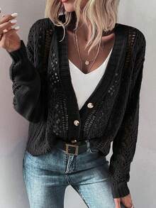 EMERY ROSE Women's Solid Color Long Sleeve Black Cardigan, Minimalist Casual Daily Wear Fall Winter Cloth For Women - Black - View 8