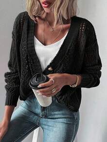 EMERY ROSE Women's Solid Color Long Sleeve Black Cardigan, Minimalist Casual Daily Wear Fall Winter Cloth For Women - Black - View 5