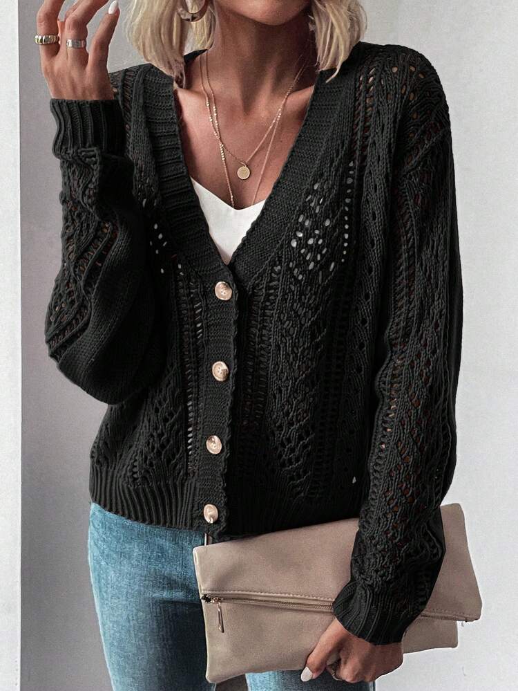 EMERY ROSE Women's Solid Color Long Sleeve Black Cardigan, Minimalist Casual Daily Wear Fall Winter Cloth For Women - Black - View 7