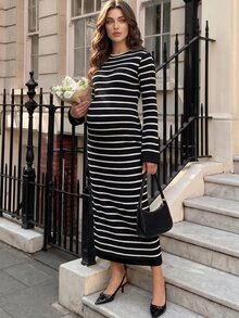 MaterniWear Maternity Striped Casual Daily Summer Travel Dress Fall - Black - View 4