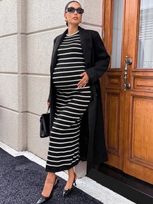 MaterniWear Maternity Striped Casual Daily Summer Travel Dress Fall - Black - View 8