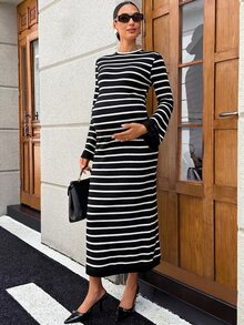 MaterniWear Maternity Striped Casual Daily Summer Travel Dress Fall - Black - View 7