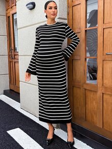 MaterniWear Maternity Striped Casual Daily Summer Travel Dress Fall - Black - View 6