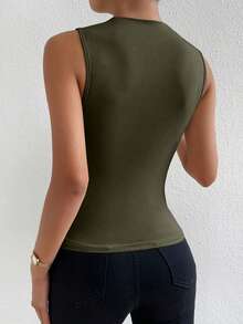 Zolique Women's Solid Color Pleated Collar Casual Tank Top, Summer - Army Green - View 3
