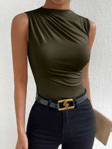 Zolique Women's Solid Color Pleated Collar Casual Tank Top, Summer - Army Green - View 7