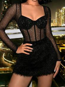 BamGleam 2026 Early Autumn/Winter Sexy Party Sequin Glitter Elastic Mesh Patchwork Thin Fleece Underwire Cup Bodycon Short Dress For Women - Black - View 2