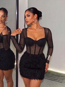 BamGleam 2026 Early Autumn/Winter Sexy Party Sequin Glitter Elastic Mesh Patchwork Thin Fleece Underwire Cup Bodycon Short Dress For Women - Black - View 1