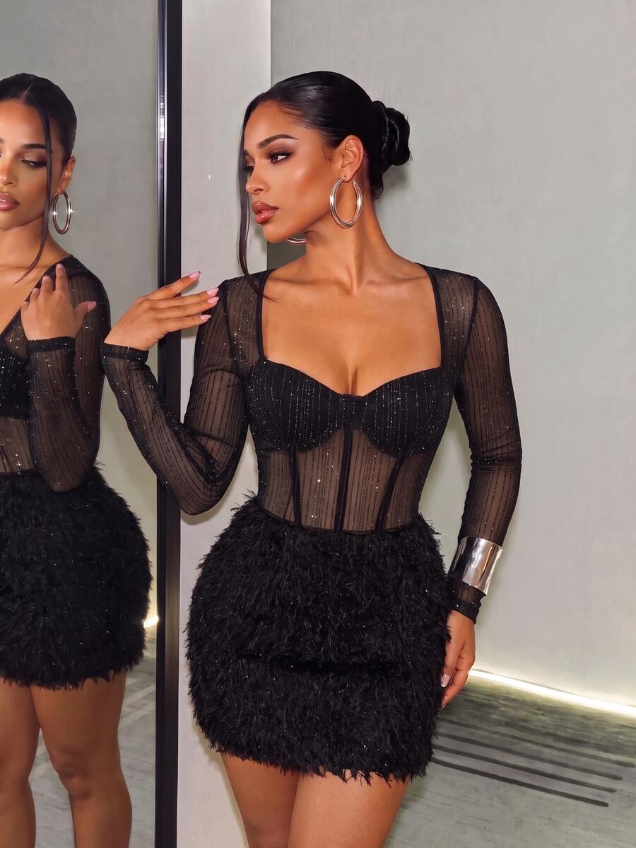 BamGleam 2026 Early Autumn/Winter Sexy Party Sequin Glitter Elastic Mesh Patchwork Thin Fleece Underwire Cup Bodycon Short Dress For Women - Black - View 1