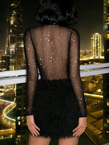 BamGleam 2026 Early Autumn/Winter Sexy Party Sequin Glitter Elastic Mesh Patchwork Thin Fleece Underwire Cup Bodycon Short Dress For Women - Black - View 3