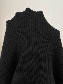 SHEIN CURVE+ Gaun Sweater Rajut Panjang Kasual Ukuran Besar Warna Polos dengan Pinggang Terikat, Musim Gugur/Dingin - Hitam - View 8
