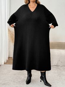 SHEIN CURVE+ Gaun Sweater Rajut Panjang Kasual Ukuran Besar Warna Polos dengan Pinggang Terikat, Musim Gugur/Dingin - Hitam - View 6