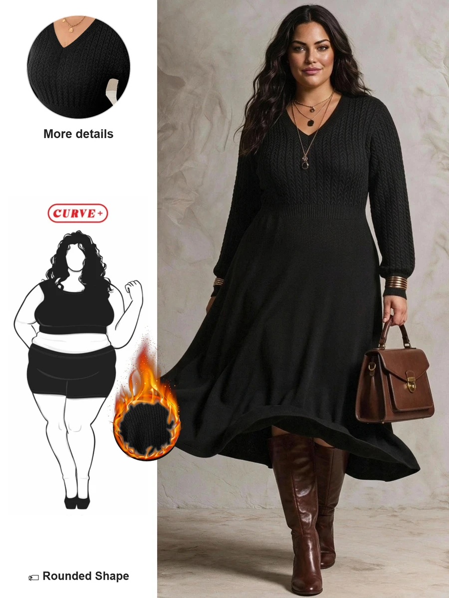 SHEIN CURVE+ Gaun Sweater Rajut Panjang Kasual Ukuran Besar Warna Polos dengan Pinggang Terikat, Musim Gugur/Dingin - Hitam - View 1