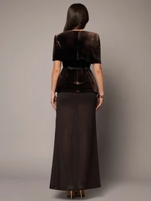 Silquee Setelan Jaket Kerah Syal Elegan dan Rok Panjang untuk Wanita - Coklat - View 6