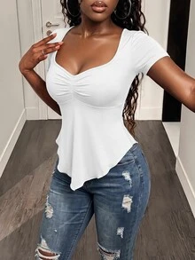 Zolique Foxxy Minimalist Solid Color Casual Square Neck Asymmetric Hem Long Sleeve T-Shirt For Women - White - View 2