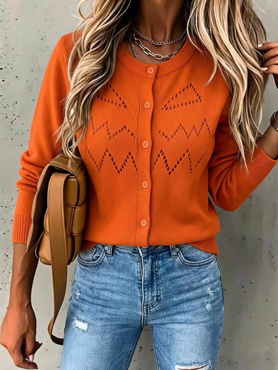 Linhara CURVE Plus Size Women Solid Color Casual Versatile Daily Wear Cardigan Halloween Winter - Orange - View 1