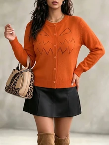 Linhara CURVE Plus Size Women Solid Color Casual Versatile Daily Wear Cardigan Halloween Winter - Orange - View 10