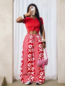 Zolique Women's Elastic Waist Drawstring Loose All-Over Print Casual Pants Fall Cloth For Women - Red and White - View 8