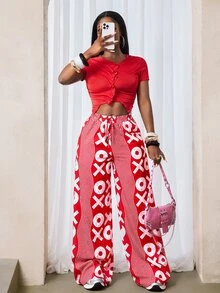 Zolique Women's Elastic Waist Drawstring Loose All-Over Print Casual Pants Fall Cloth For Women - Red and White - View 9