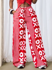 Zolique Women's Elastic Waist Drawstring Loose All-Over Print Casual Pants Fall Cloth For Women - Red and White - View 7