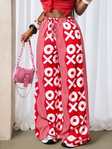 Zolique Women's Elastic Waist Drawstring Loose All-Over Print Casual Pants Fall Cloth For Women - Red and White - View 10