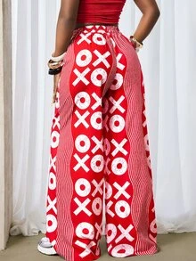 Zolique Women's Elastic Waist Drawstring Loose All-Over Print Casual Pants Fall Cloth For Women - Red and White - View 4