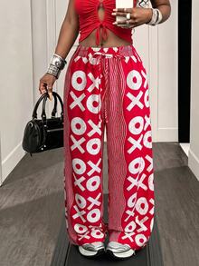 Zolique Women's Elastic Waist Drawstring Loose All-Over Print Casual Pants Fall Cloth For Women - Red and White - View 2