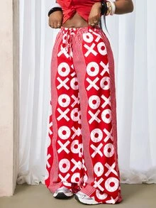 Zolique Women's Elastic Waist Drawstring Loose All-Over Print Casual Pants Fall Cloth For Women - Red and White - View 6