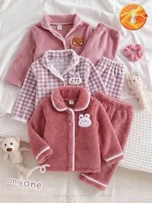 2pcs Baby Girl Comfortable Soft Solid Pink Plush Turn Collar Button-Up Long Sleeve Pants Pajama Set With White Fur Trim On Collar, Cuffs And Hem, 3D Rabbit Decoration On Chest - Baby Pink - View 1
