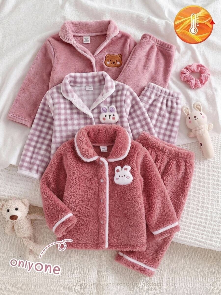 2pcs Baby Girl Comfortable Soft Solid Pink Plush Turn Collar Button-Up Long Sleeve Pants Pajama Set With White Fur Trim On Collar, Cuffs And Hem, 3D Rabbit Decoration On Chest - Baby Pink - View 1