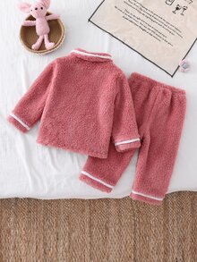 2pcs Baby Girl Comfortable Soft Solid Pink Plush Turn Collar Button-Up Long Sleeve Pants Pajama Set With White Fur Trim On Collar, Cuffs And Hem, 3D Rabbit Decoration On Chest - Baby Pink - View 2