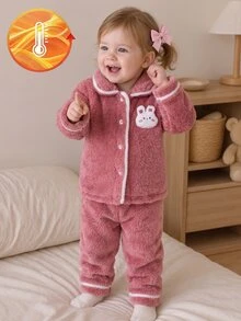 2pcs Baby Girl Comfortable Soft Solid Pink Plush Turn Collar Button-Up Long Sleeve Pants Pajama Set With White Fur Trim On Collar, Cuffs And Hem, 3D Rabbit Decoration On Chest - Baby Pink - View 8