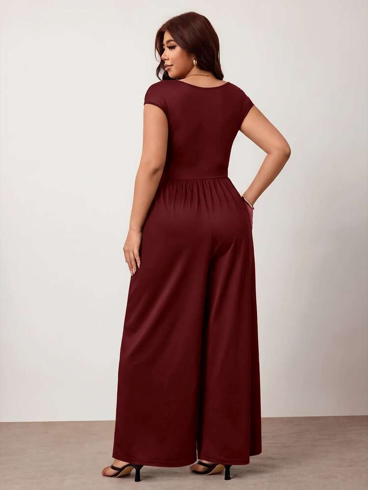 Enliva Plus Size New Sexy Black Fitted High Waist Short Sleeve Jumpsuit, Casual Slimming, Spring/Summer - Burgundy - View 2