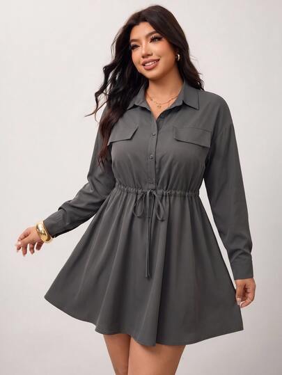 Enliva Vestido camisero de manga larga para mujer talla grande, con botones delanteros, cintura con cordón, suelto y corto, compatible con Body tipo manzana, para otoño