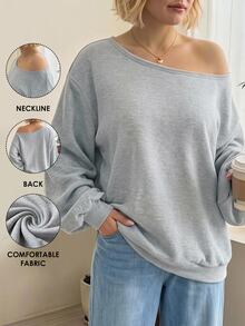 SHEIN CURVE+ Sweatshirt Lengan Panjang Longgar Model Off-Shoulder Warna Abu-abu Muda Kasual Ukuran Plus untuk Wanita, Gaya Minimalis Cocok untuk Musim Gugur/Dingin - Grey - View 5