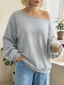 SHEIN CURVE+ Sweatshirt Lengan Panjang Longgar Model Off-Shoulder Warna Abu-abu Muda Kasual Ukuran Plus untuk Wanita, Gaya Minimalis Cocok untuk Musim Gugur/Dingin - Grey - View 2
