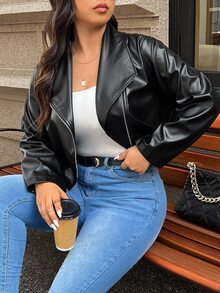SHEIN CURVE+ Plus Size Black Faux Leather Motorcycle Jacket, Suitable For Autumn/Winter Women - Black - View 7