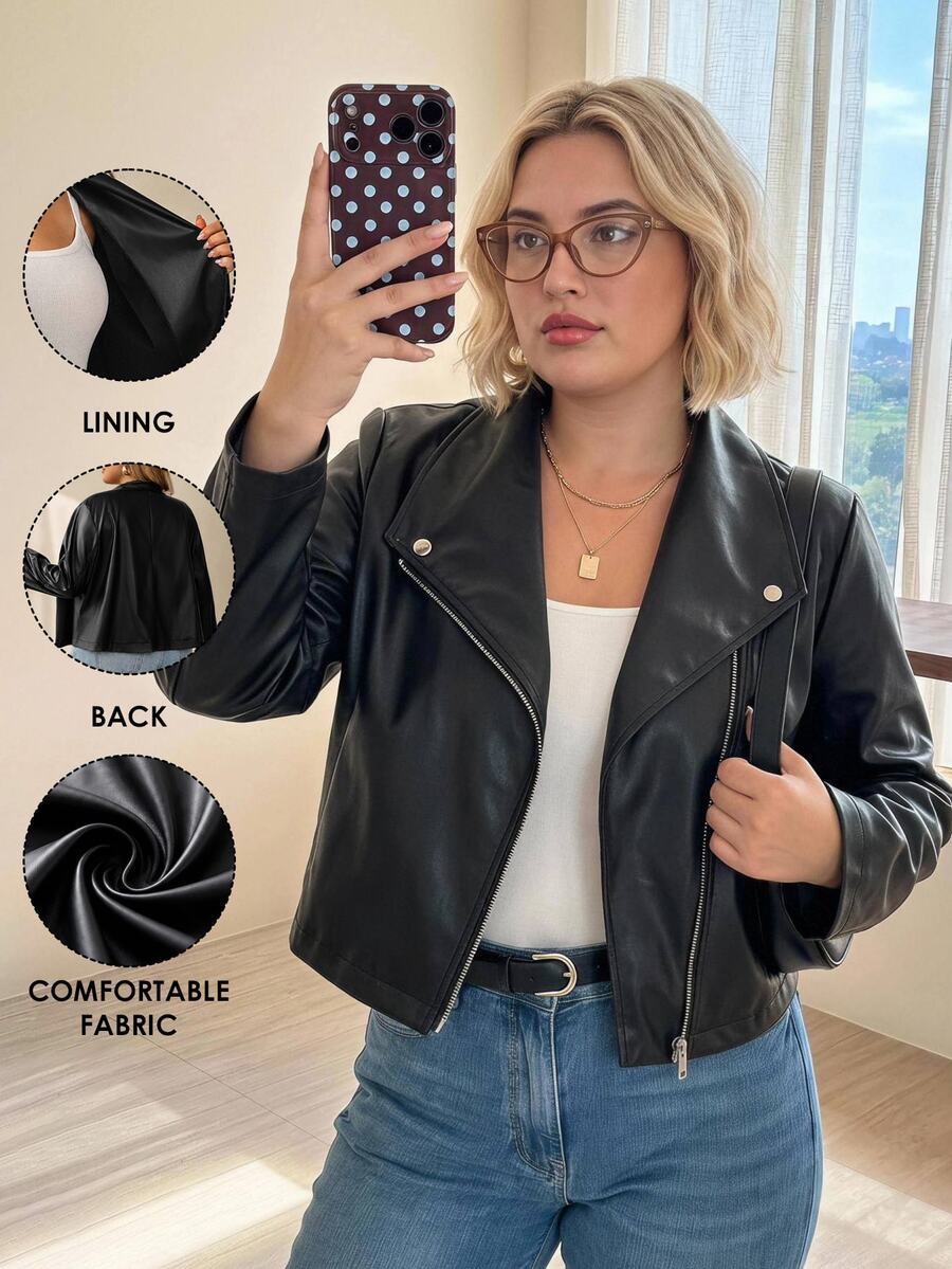 SHEIN CURVE+ Plus Size Black Faux Leather Motorcycle Jacket, Suitable For Autumn/Winter Women